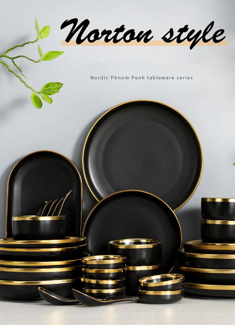 Black Porcelain Dinnerware Set with Gold Rim, Ceramic Plates, Bowls & Cutlery for Home & Restaurant Use