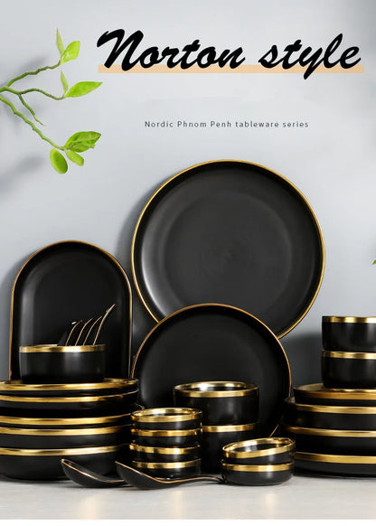 Black Porcelain Dinnerware Set with Gold Rim, Ceramic Plates, Bowls & Cutlery for Home & Restaurant Use