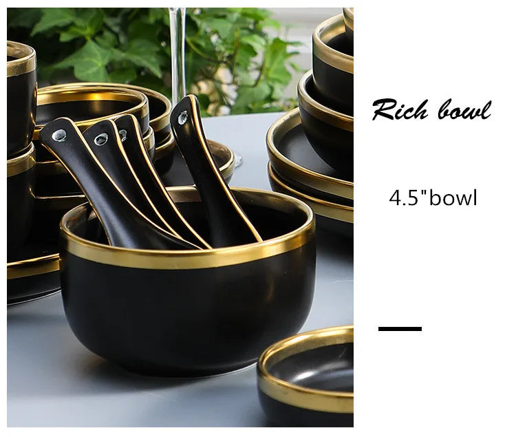 Black Porcelain Dinnerware Set with Gold Rim, Ceramic Plates, Bowls & Cutlery for Home & Restaurant Use