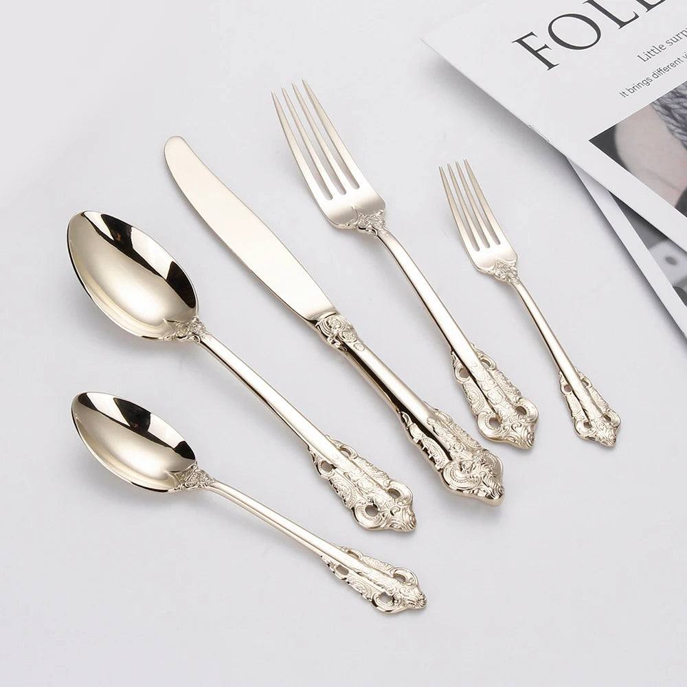 20/30PCS Luxury Gold & Silver Cutlery Set, Vintage Stainless Steel Flatware with Engraved Forks, Spoons & Knives
