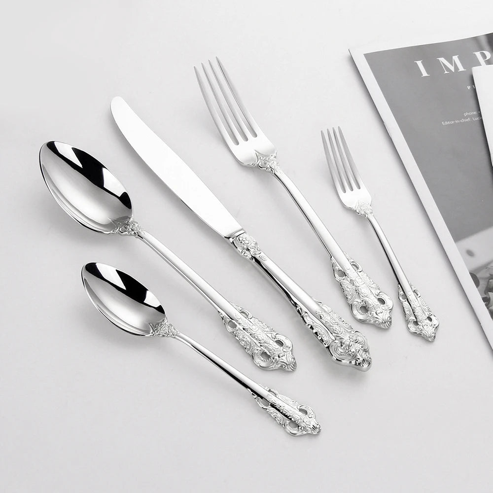 20/30PCS Luxury Gold & Silver Cutlery Set, Vintage Stainless Steel Flatware with Engraved Forks, Spoons & Knives