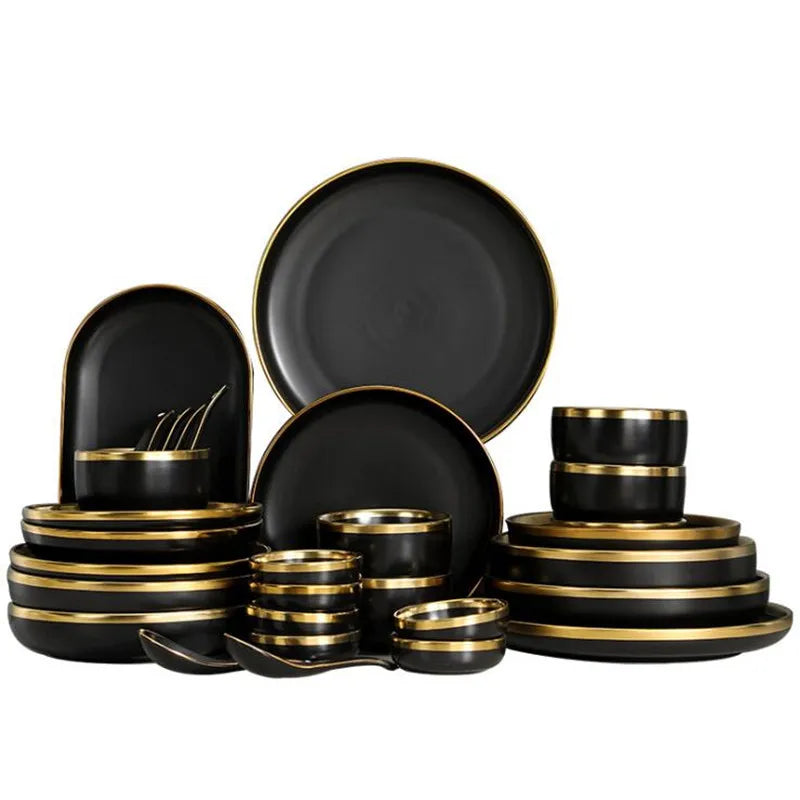 Black Porcelain Dinnerware Set with Gold Rim, Ceramic Plates, Bowls & Cutlery for Home & Restaurant Use