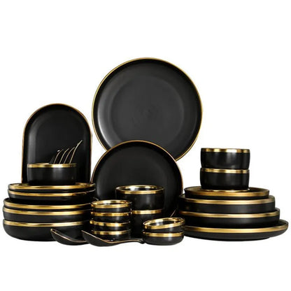 Black Porcelain Dinnerware Set with Gold Rim, Ceramic Plates, Bowls & Cutlery for Home & Restaurant Use