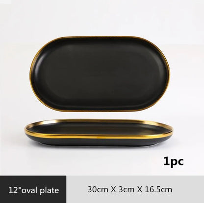 Black Porcelain Dinnerware Set with Gold Rim, Ceramic Plates, Bowls & Cutlery for Home & Restaurant Use