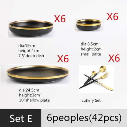 Black Porcelain Dinnerware Set with Gold Rim, Ceramic Plates, Bowls & Cutlery for Home & Restaurant Use