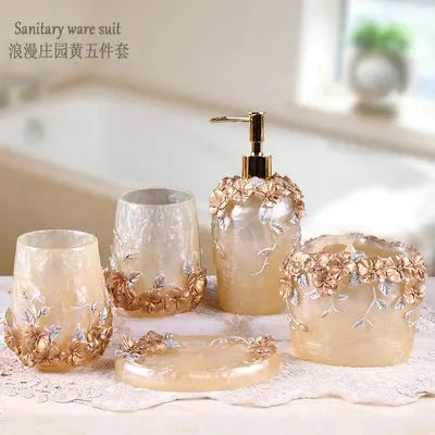 5-Piece Resin Bathroom Accessory Set, European Retro Toilet Set with Soap Dispenser, Tissue Holder, Toilet Brush & Cotton Swab Box