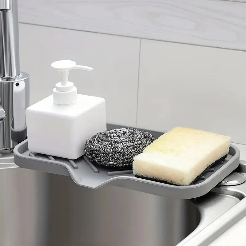Sink Silicone Tray with Drain, Soap & Sponge Storage Holder for Countertop, Scrubber & Brush Kitchen Organizer