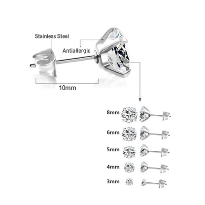 LUXUSTEEL Stainless Steel Crystal Stud Earrings for Men and Women, Round Clear Cubic Zirconia 4-Prong Tragus and Lobe Jewelry, 1 Pair (2 Pieces)
