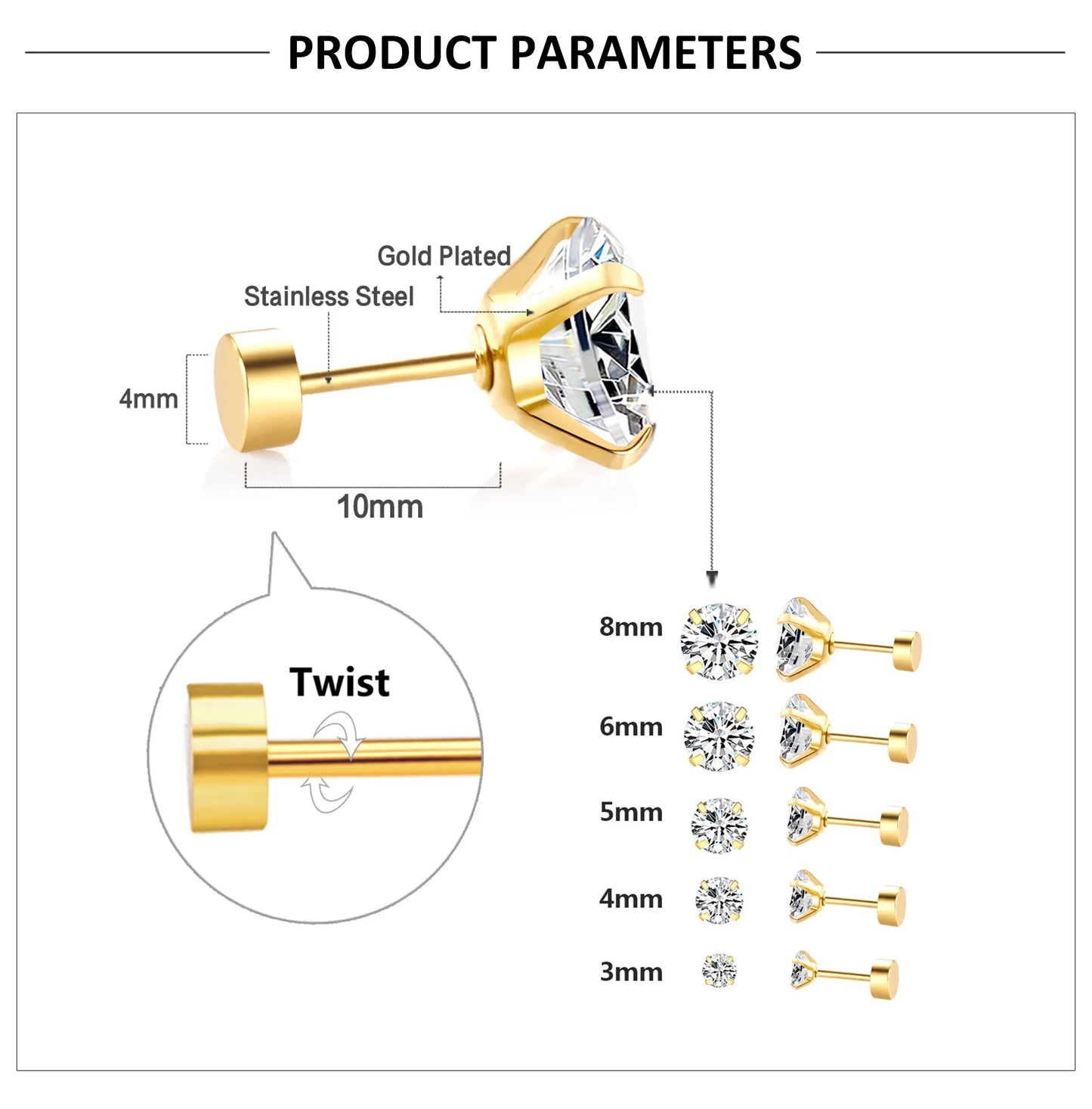 LUXUSTEEL Stainless Steel Crystal Stud Earrings for Men and Women, Round Clear Cubic Zirconia 4-Prong Tragus and Lobe Jewelry, 1 Pair (2 Pieces)