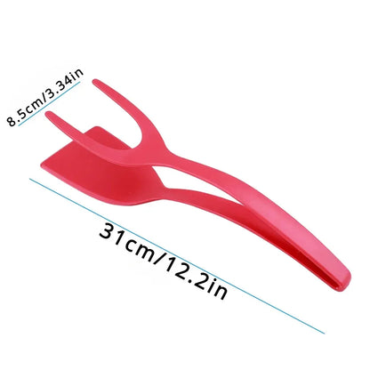 2-in-1 Nylon Grip Flip Tongs – Egg Spatula and Steak Turner Clamp Pancake Frying Kitchen Tool