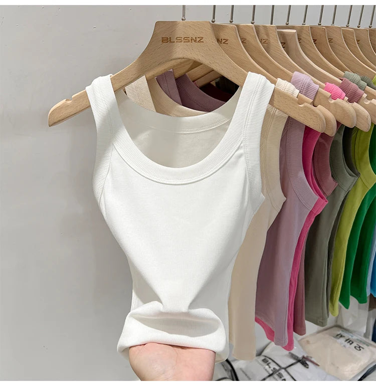 Women’s Ribbed Cotton Tank Top Solid Color Round Neck Camisole, High Stretch Summer Basic O-Neck Sleeveless Casual Top