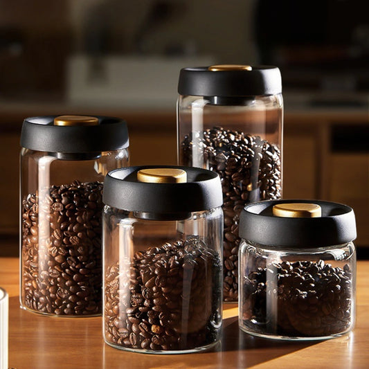 Coffee Beans Vacuum Sealed Tank – Transparent Glass Airtight Food Storage Jar with Air Extraction