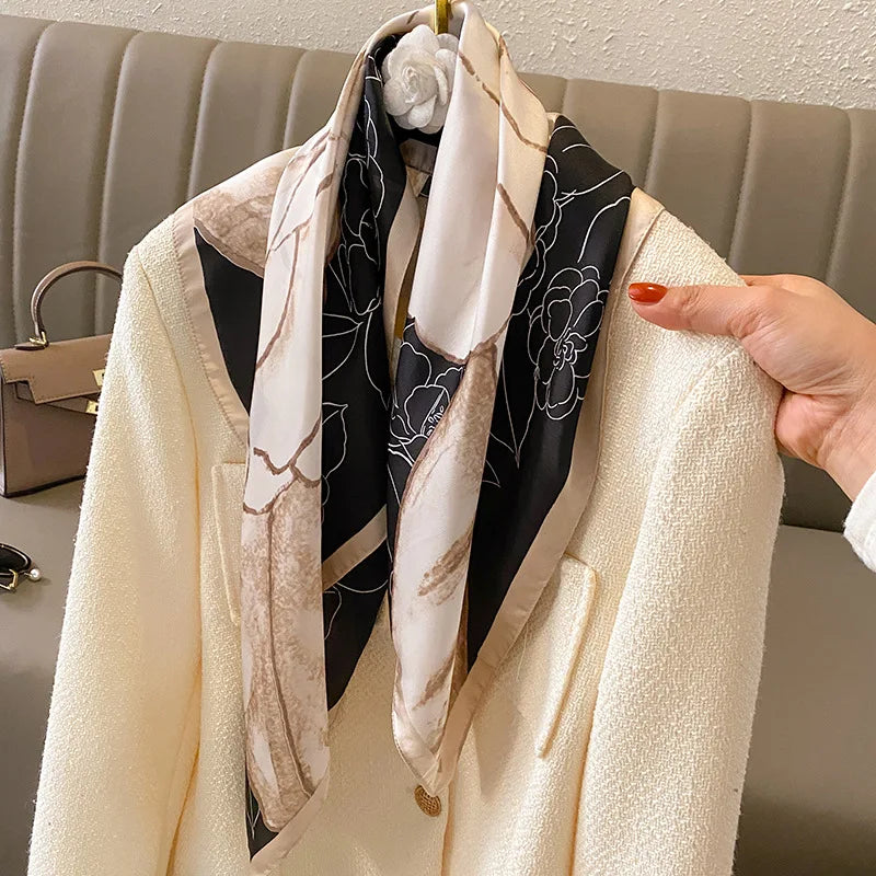Luxury Printed Silk-Style Square Scarf for Women, Soft Satin Neckerchief Headband and Hair Ribbon, Fashion Hijab and Bag Accessory for Office and Daily Wear