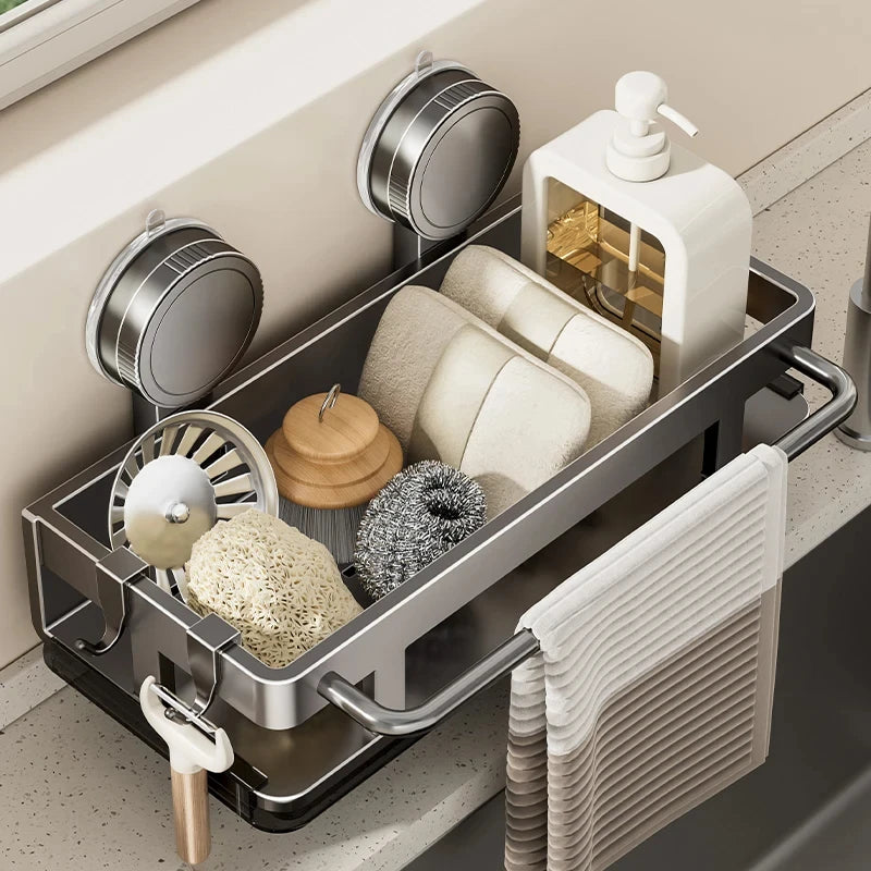 Suction Cup Wall-Mounted Kitchen Sink Storage Rack – Punch-Free Rag & Sponge Draining Organizer