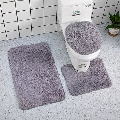 3PCS Bathroom Rug Set, Non-Slip Bath Mats with Toilet Lid Cover, Soft Fluffy Solid Color Bathroom Carpet Set