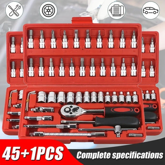 46-Piece Auto Repair Tool Kit, Combination Ratchet Wrench and Socket Set for Car Maintenance with Toolbox