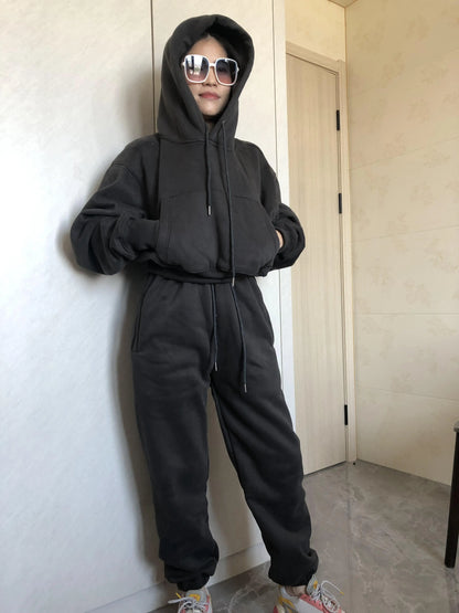 Women’s Fleece Hoodie and Jogger Pants 2-Piece Tracksuit Set, Warm Solid Color Sweat Suit for Fall and Winter Casual Sports Outfit