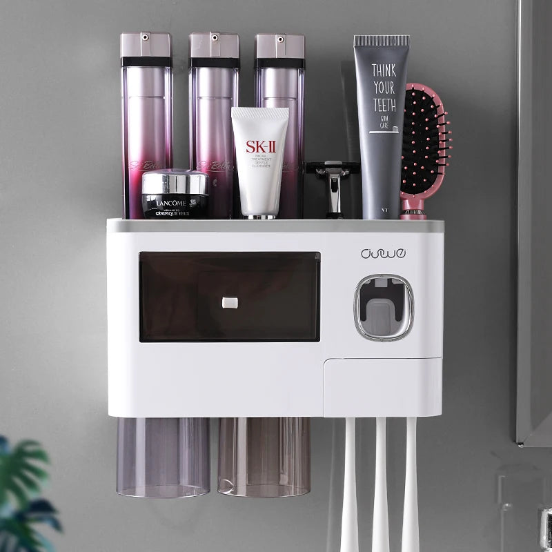 Bathroom Accessories Set with Automatic Toothpaste Dispenser, Magnetic Inverted Toothbrush Holder & Storage Rack