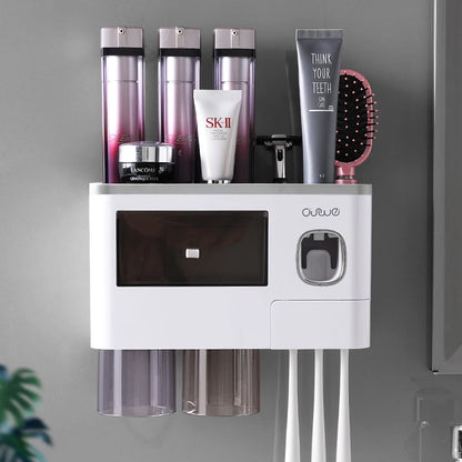 Bathroom Accessories Set with Automatic Toothpaste Dispenser, Magnetic Inverted Toothbrush Holder & Storage Rack