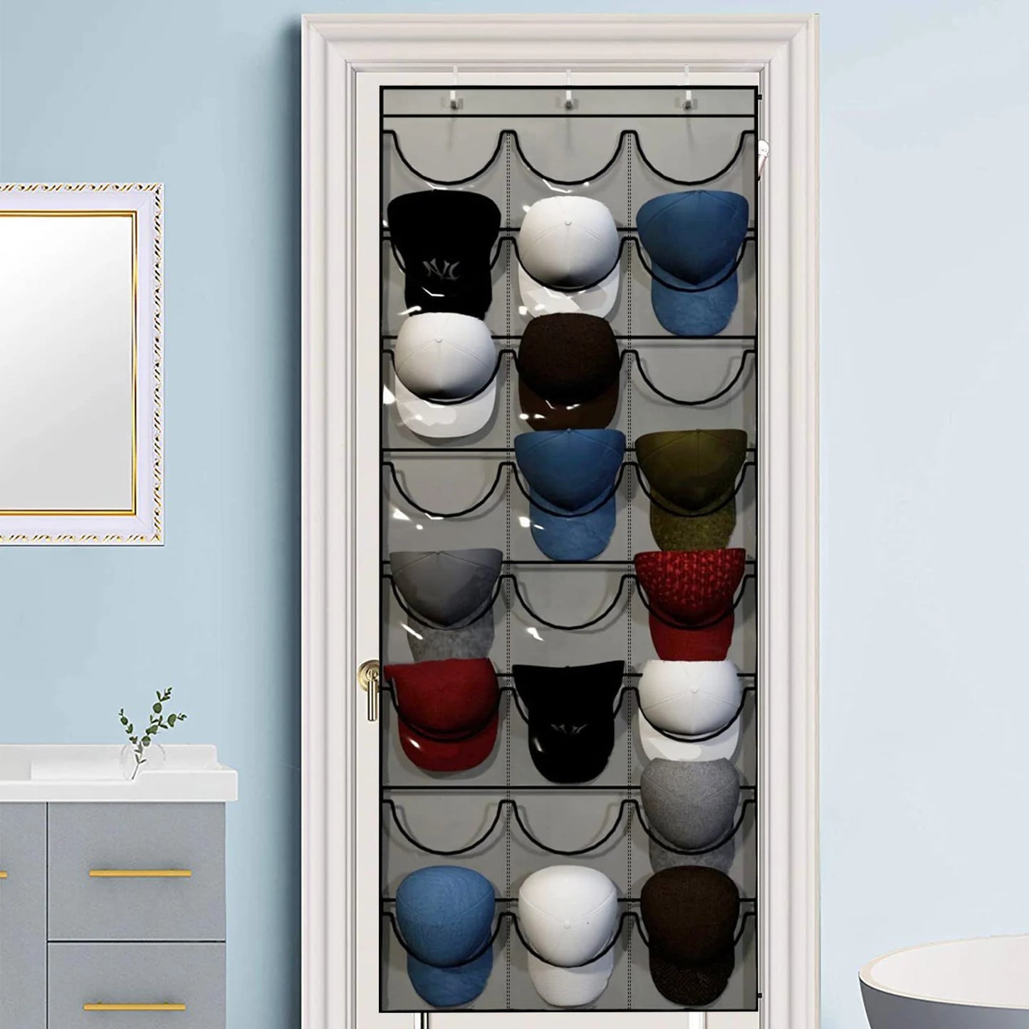 Hat Storage Holder Organizer – Door Hanging Rack with 24 Clear Pockets for Baseball Caps