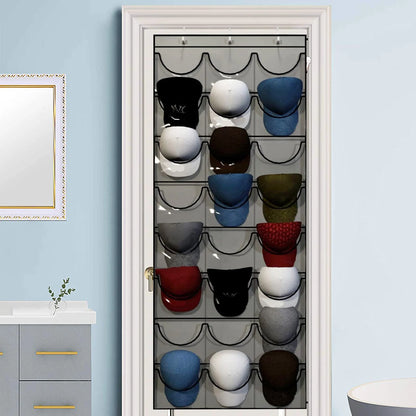 Hat Storage Holder Organizer – Door Hanging Rack with 24 Clear Pockets for Baseball Caps