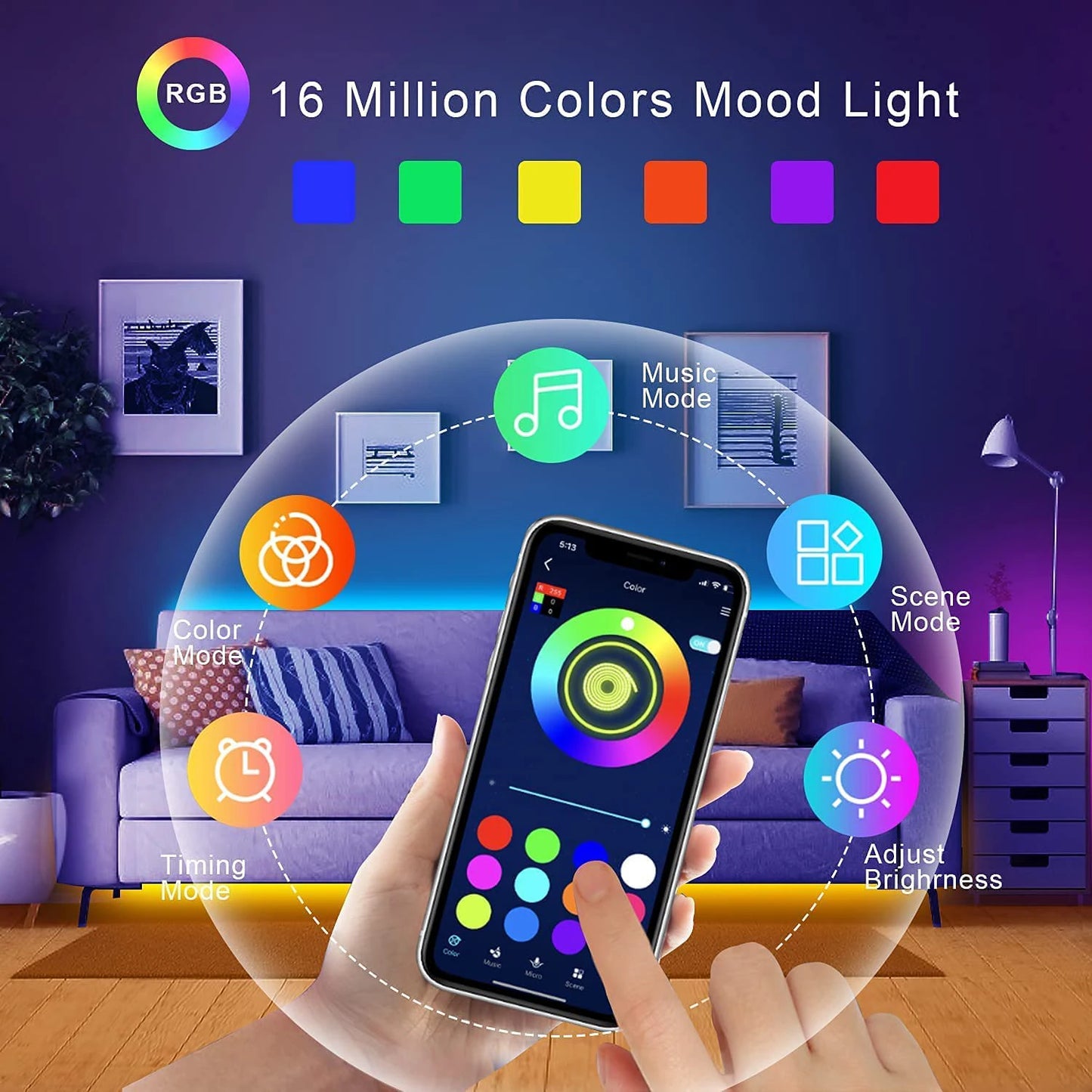 Mikenoon RGB LED Strip Lights with App and Remote Control, USB 5V Flexible Light Strip 5m/10m/20m/30m for Bedroom, Living Room, and Home Decoration