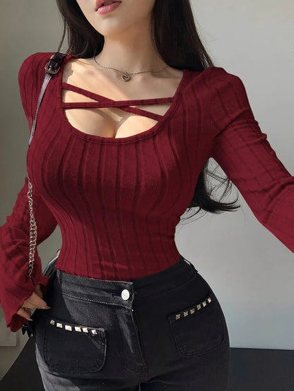 Women’s Ribbed Knit Long Sleeve T-Shirt with Square Neck and Cross Strap, Slim Fit Solid Color Casual Top for Autumn and Winter Streetwear