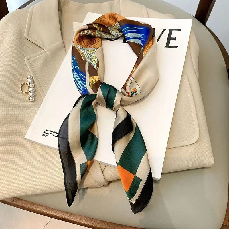 Luxury Printed Silk-Style Square Scarf for Women, Soft Satin Neckerchief Headband and Hair Ribbon, Fashion Hijab and Bag Accessory for Office and Daily Wear