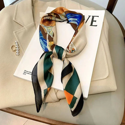 Luxury Printed Silk-Style Square Scarf for Women, Soft Satin Neckerchief Headband and Hair Ribbon, Fashion Hijab and Bag Accessory for Office and Daily Wear