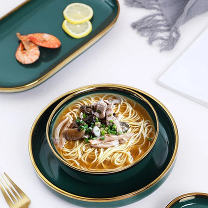 Luxury Green Ceramic Dinnerware Set with Gold Rim, Porcelain Plates & Bowls for Dessert, Salad & Soup