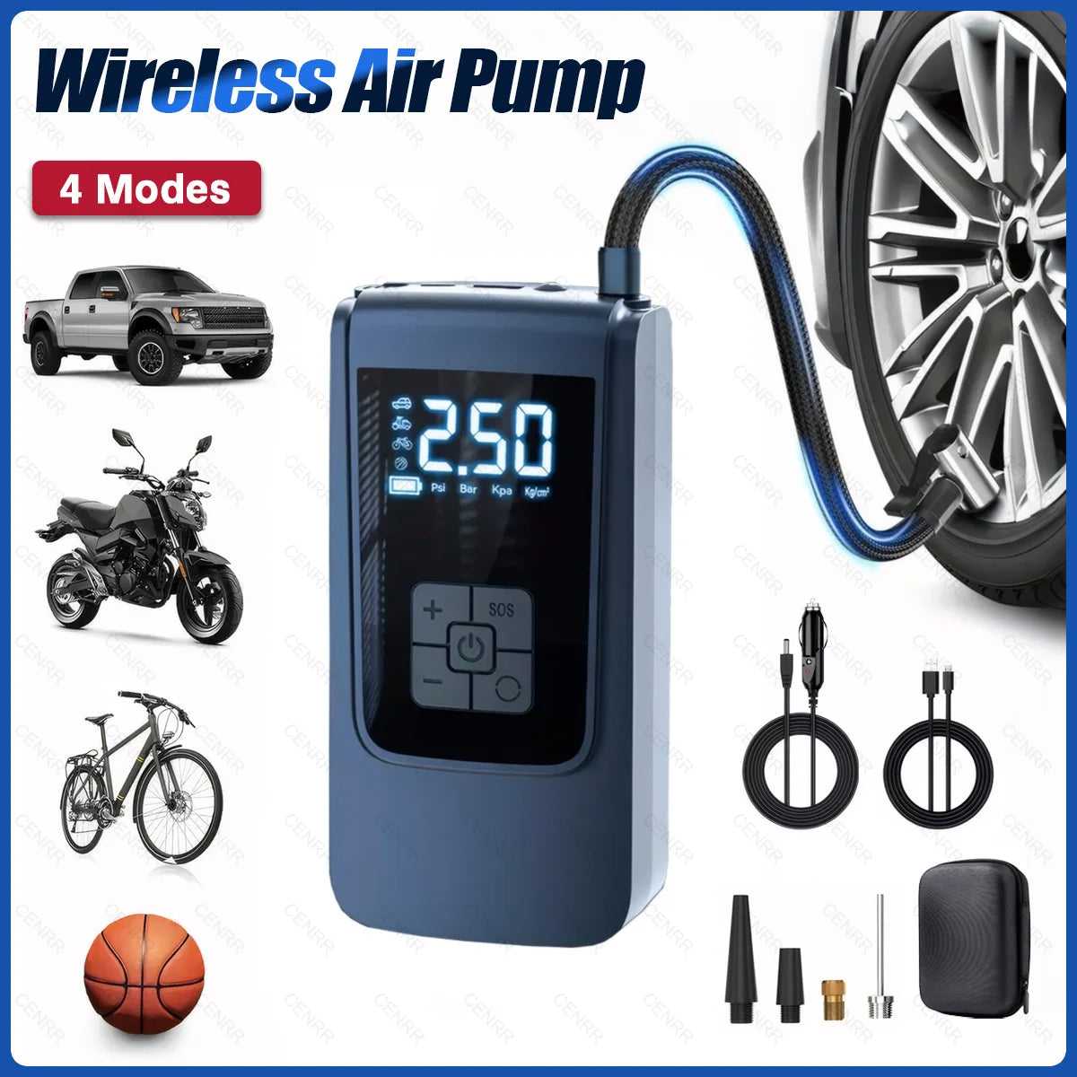 Portable Wireless Car Tire Inflator with LCD Digital Display, Rechargeable Air Compressor 150 PSI, Dual Power Supply, Mini Air Pump for Car, Motorcycle, Bicycle, and Sports Balls