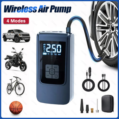 Portable Wireless Car Tire Inflator with LCD Digital Display, Rechargeable Air Compressor 150 PSI, Dual Power Supply, Mini Air Pump for Car, Motorcycle, Bicycle, and Sports Balls