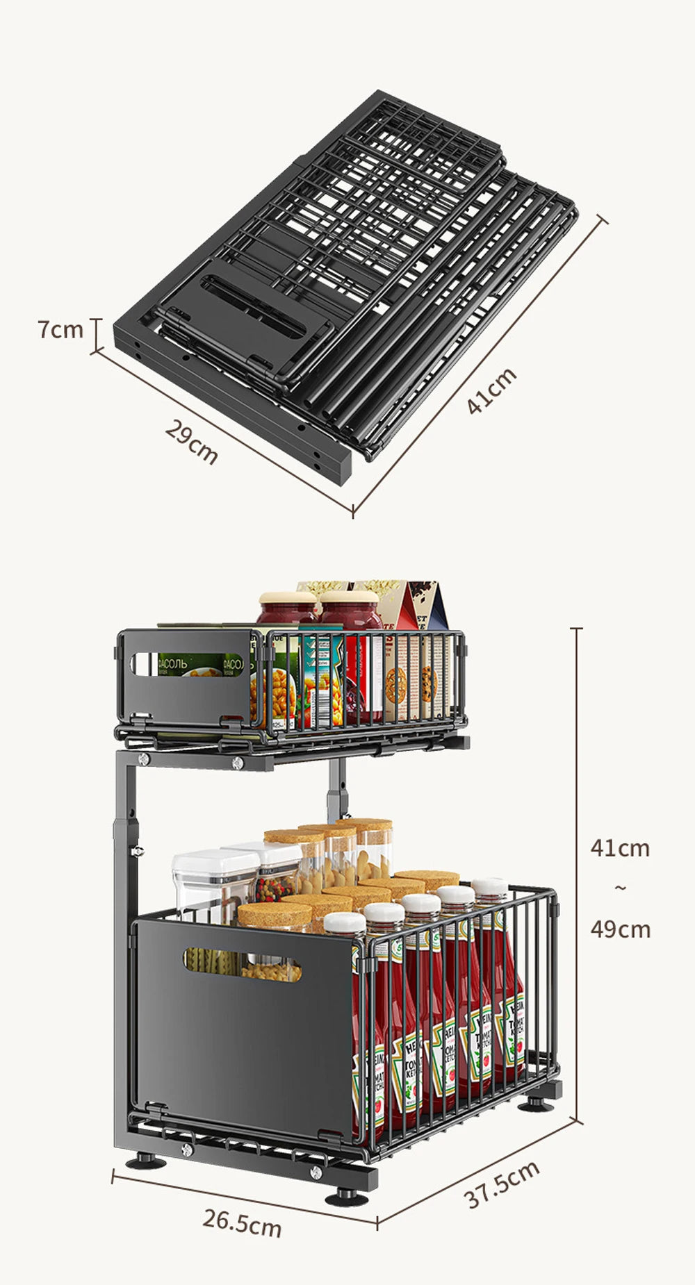 2-Tier Pull Out Cabinet Organizer, Adjustable Slide Out Kitchen Storage Rack for Under Sink & Spice Jar Organization
