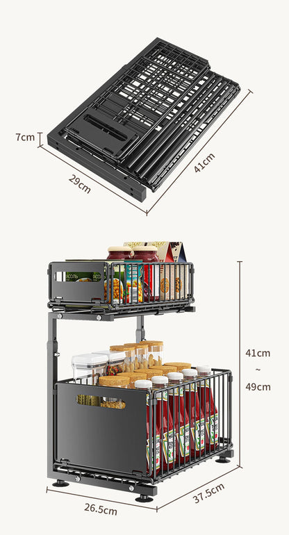 2-Tier Pull Out Cabinet Organizer, Adjustable Slide Out Kitchen Storage Rack for Under Sink & Spice Jar Organization