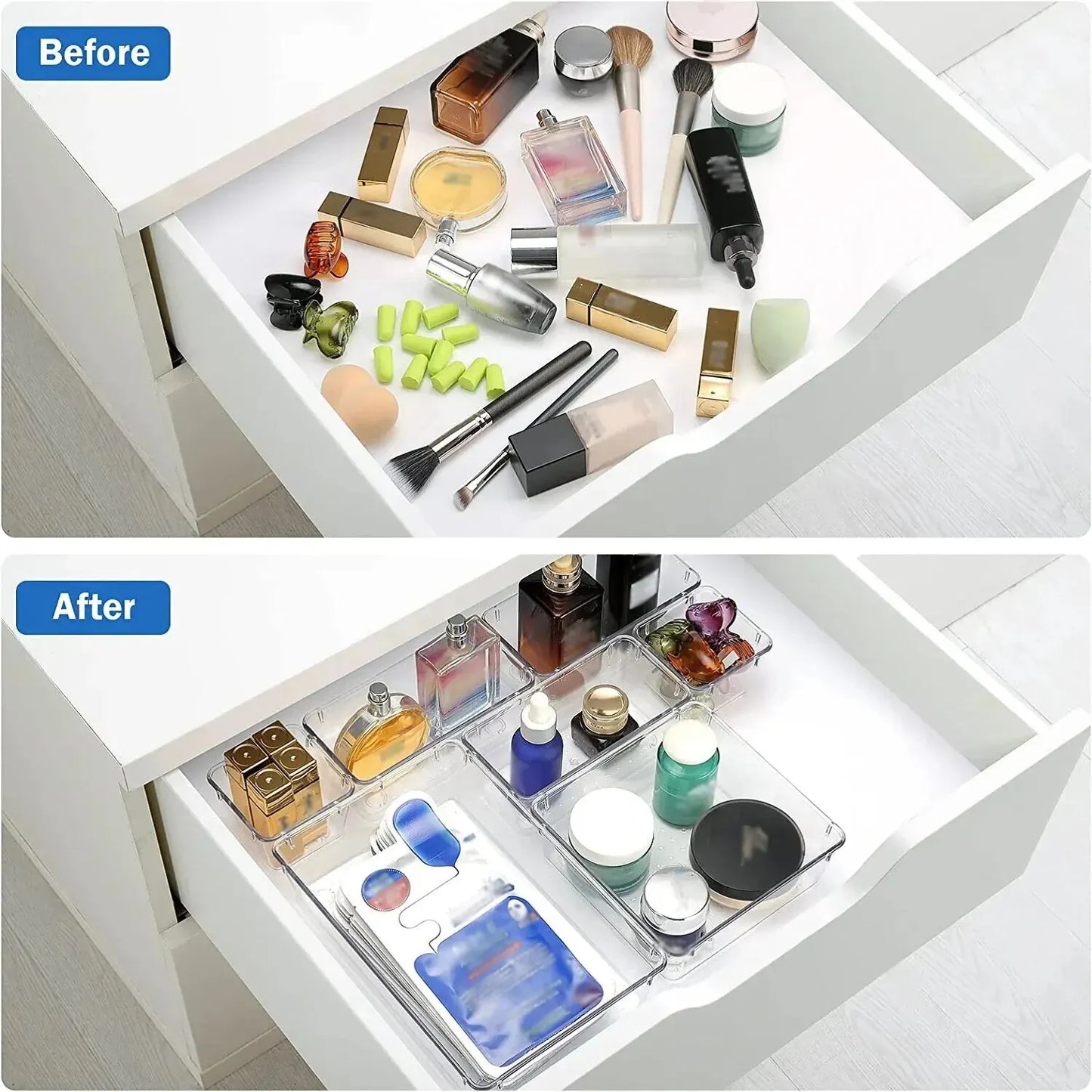Drawer Organizers Set, Clear Plastic Desk Dividers & Storage Bins for Bedroom Dresser, Office, Makeup, Jewelry & Gadgets