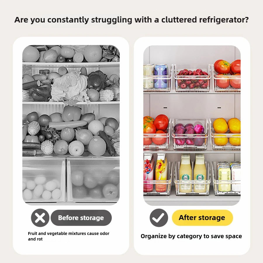 Clear Fridge Organizer Bins, Plastic Refrigerator Storage Containers for Fruits, Vegetables & Drinks