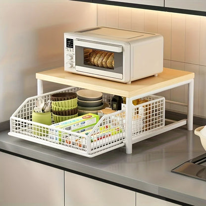 Modern Kitchen Microwave Rack, Solid Wood & Metal Countertop Storage Shelf, Space-Saving Organizer