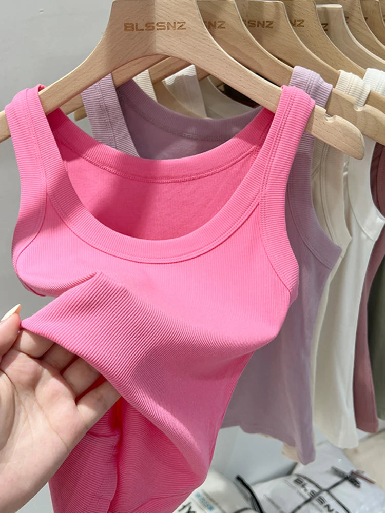 Women’s Ribbed Cotton Tank Top Solid Color Round Neck Camisole, High Stretch Summer Basic O-Neck Sleeveless Casual Top