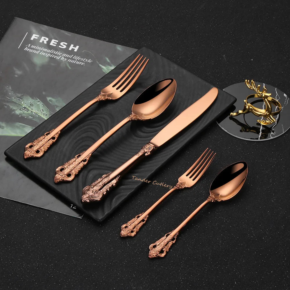 20/30PCS Luxury Gold & Silver Cutlery Set, Vintage Stainless Steel Flatware with Engraved Forks, Spoons & Knives