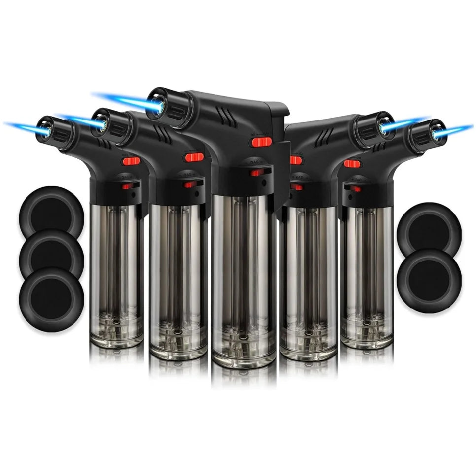 5Pack High Jet Flame Torch Lighter Transparent Body Design Butane Gas Refillable Adjustable Butane Jet Flame Ignition Tool