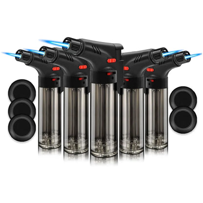 5Pack High Jet Flame Torch Lighter Transparent Body Design Butane Gas Refillable Adjustable Butane Jet Flame Ignition Tool