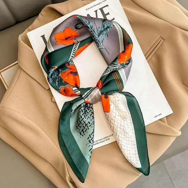 Luxury Printed Silk-Style Square Scarf for Women, Soft Satin Neckerchief Headband and Hair Ribbon, Fashion Hijab and Bag Accessory for Office and Daily Wear