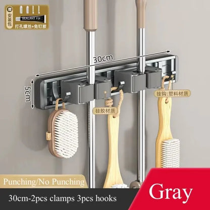 Aluminum Mop Holder Wall Mounted – Adjustable Broom & Mop Organizer Rack with Hooks and Strong Adhesive