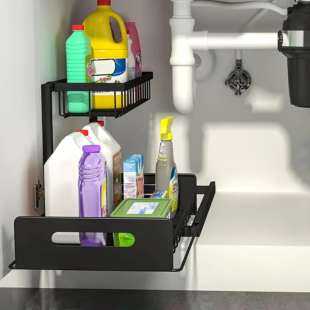 2-Tier Sliding Under Sink Organizer – Rustproof Metal Storage Rack for Kitchen & Bathroom Cabinets