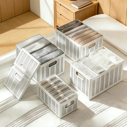 Foldable Storage Basket with Adjustable Dividers – Stackable Drawer Organizer for Bra, Underwear & Clothes