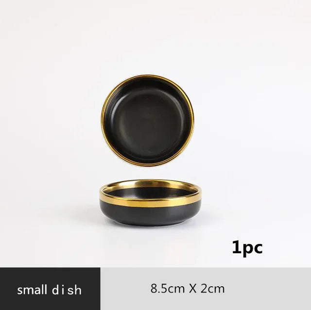 Black Porcelain Dinnerware Set with Gold Rim, Ceramic Plates, Bowls & Cutlery for Home & Restaurant Use