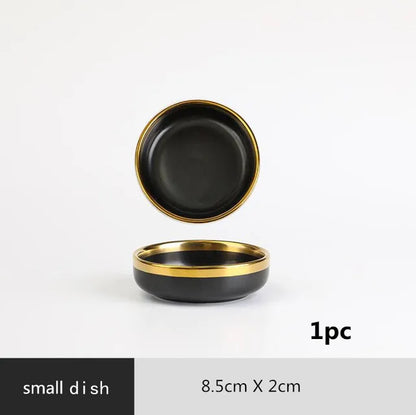 Black Porcelain Dinnerware Set with Gold Rim, Ceramic Plates, Bowls & Cutlery for Home & Restaurant Use
