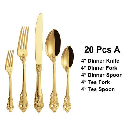 20/30PCS Luxury Gold & Silver Cutlery Set, Vintage Stainless Steel Flatware with Engraved Forks, Spoons & Knives