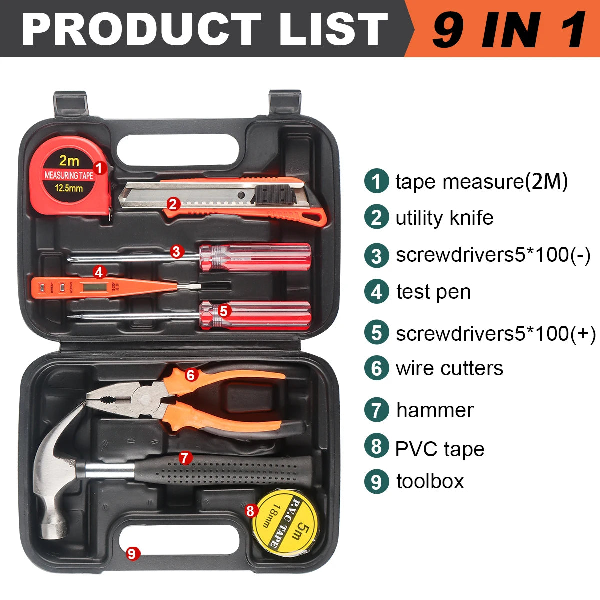 WOZOBUY Household Tool Kit Set, 8/9/12/13-Piece General Hand Tool Set with Plastic Toolbox for Home and Car Repair