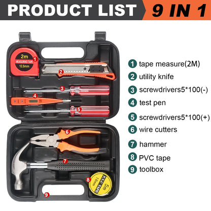 WOZOBUY Household Tool Kit Set, 8/9/12/13-Piece General Hand Tool Set with Plastic Toolbox for Home and Car Repair